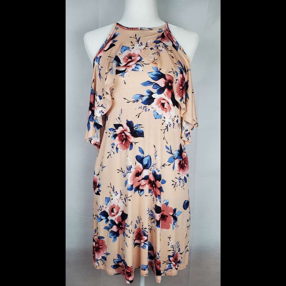 Pink Cold Shoulder Floral Dress